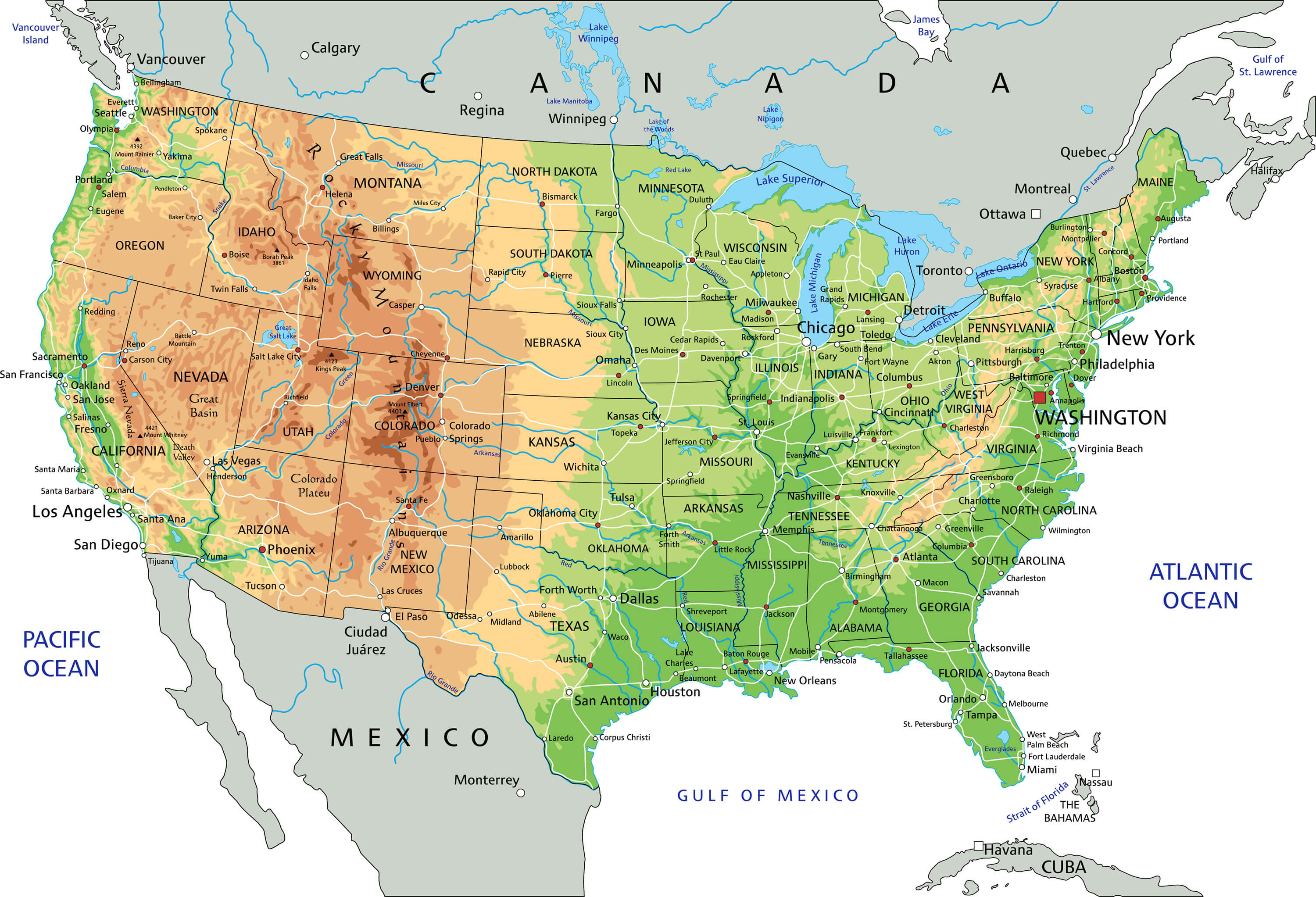 High Detailed United States of America Physical Map